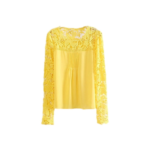 New Fashion Women Chiffon Blouse Lace Crochet Embroidery Sheer Sleeve Oversized Tee Tops Shirt