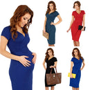 Fashion Women Elegant Office Stretchy Dress Wrap Front Tunic V-Neck Short Sleeve Maternity Dress