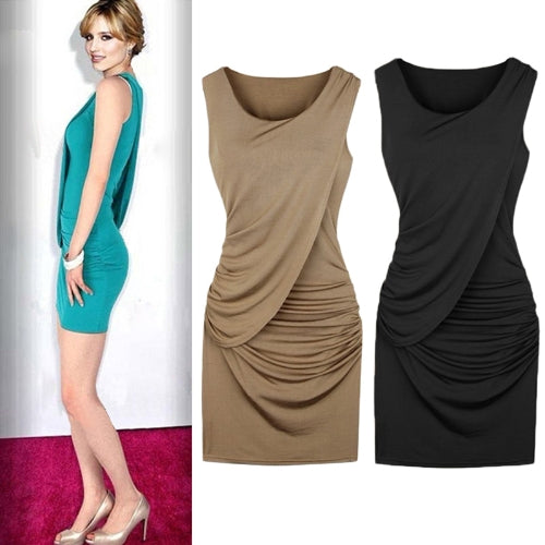 New Celebrity Sexy Women Dress Overlay Ruffles Crew Neck Sleeveless Bodycon Party Mini Dress Black/Khaki/Blue