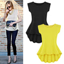 Fashion Women T-Shirt Floral Pattern Solid Color Irregular Hem Crew Neck Blouse Top Yellow/White/Black