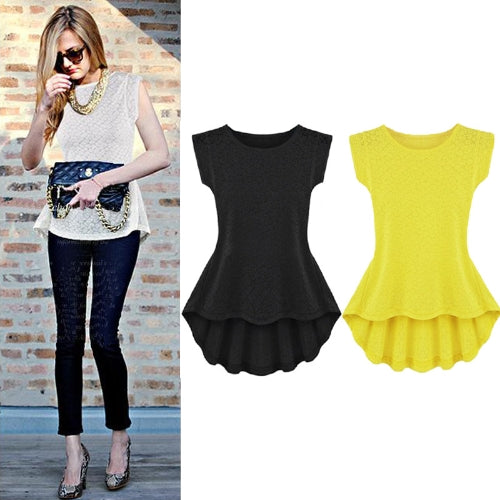 Fashion Women T-Shirt Floral Pattern Solid Color Irregular Hem Crew Neck Blouse Top Yellow/White/Black