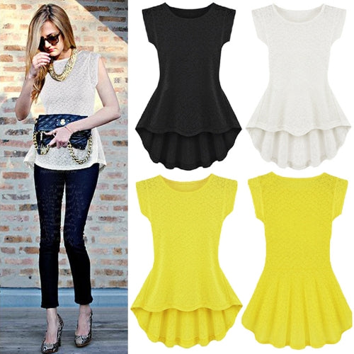 Fashion Women T-Shirt Floral Pattern Solid Color Irregular Hem Crew Neck Blouse Top Yellow/White/Black