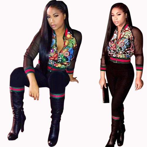 Women Two Piece Set Bomber Jacket Pants Floral Print Mesh Stripes Stand Collar Casual Suits Black