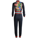 Women Two Piece Set Bomber Jacket Pants Floral Print Mesh Stripes Stand Collar Casual Suits Black