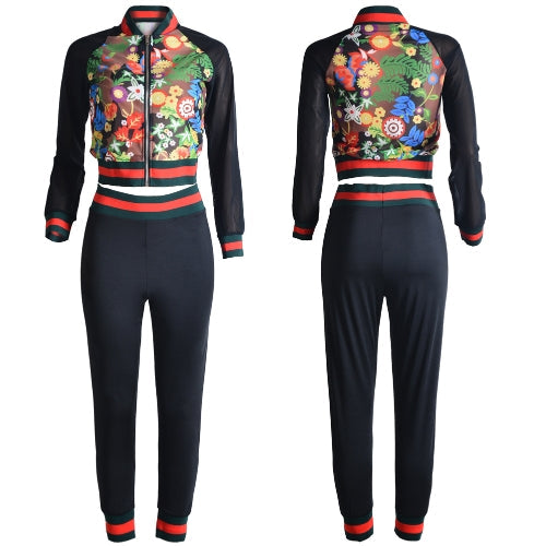 Women Two Piece Set Bomber Jacket Pants Floral Print Mesh Stripes Stand Collar Casual Suits Black