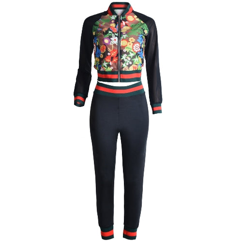 Women Two Piece Set Bomber Jacket Pants Floral Print Mesh Stripes Stand Collar Casual Suits Black