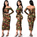 Women Camouflage Two Piece Set Tracksuit Sweat Suits Off the Shoulder T Shirt & Mesh Splice Skirt Dark Green