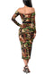 Women Camouflage Two Piece Set Tracksuit Sweat Suits Off the Shoulder T Shirt & Mesh Splice Skirt Dark Green