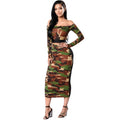 Women Camouflage Two Piece Set Tracksuit Sweat Suits Off the Shoulder T Shirt & Mesh Splice Skirt Dark Green