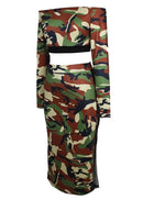 Women Camouflage Two Piece Set Tracksuit Sweat Suits Off the Shoulder T Shirt & Mesh Splice Skirt Dark Green