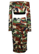 Women Camouflage Two Piece Set Tracksuit Sweat Suits Off the Shoulder T Shirt & Mesh Splice Skirt Dark Green