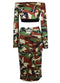 Women Camouflage Two Piece Set Tracksuit Sweat Suits Off the Shoulder T Shirt & Mesh Splice Skirt Dark Green