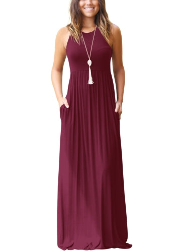 Women Dress Solid Round Neck Sleeveless Racer Back High Waist Pleated Pockets Maxi Gown Casual One-Piece