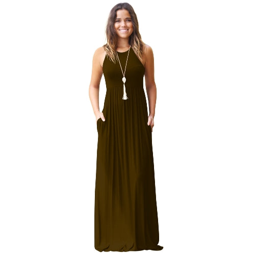 Women Dress Solid Round Neck Sleeveless Racer Back High Waist Pleated Pockets Maxi Gown Casual One-Piece