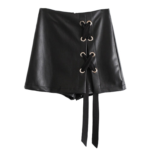 Women PU Lace Up Skirts Faux Leather Back Zipper Mini Short Pants Pantskirt Skorts