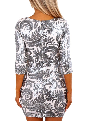 Fashion Women Sequin Mini Dress Half Sleeve O Neck Evening Party Club Elegant Bodycon Dress Silver