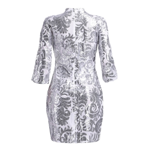 Fashion Women Sequin Mini Dress Half Sleeve O Neck Evening Party Club Elegant Bodycon Dress Silver