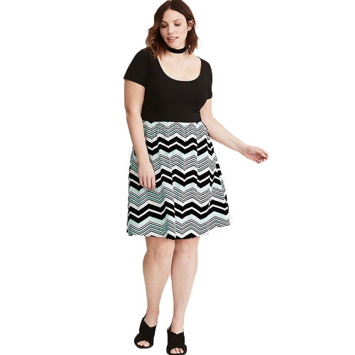 Women Plus Size Dress Stripe Print Scoop Neck Short Sleeve Casual Party Club Loose Dress Black