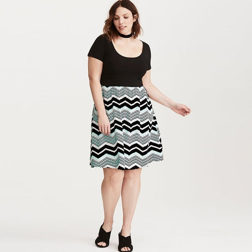 Women Plus Size Dress Stripe Print Scoop Neck Short Sleeve Casual Party Club Loose Dress Black