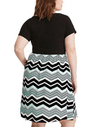 Women Plus Size Dress Stripe Print Scoop Neck Short Sleeve Casual Party Club Loose Dress Black