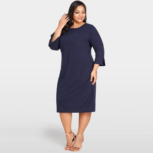 Women Plus Size Dress 3/4 Sleeves Pockets Solid Casual Loose Elegant Party Dress Vestidos Dark Blue