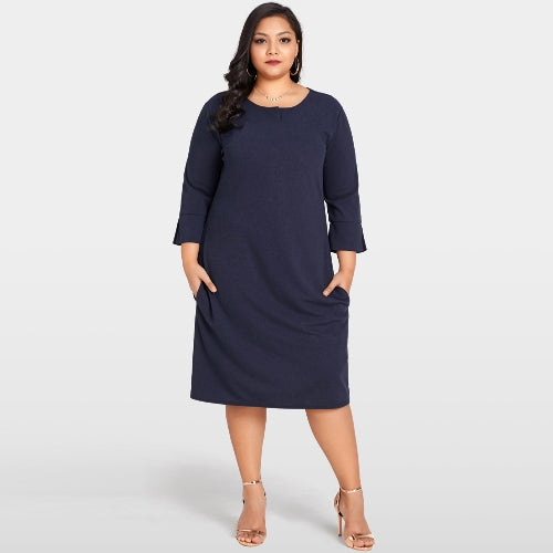 Women Plus Size Dress 3/4 Sleeves Pockets Solid Casual Loose Elegant Party Dress Vestidos Dark Blue