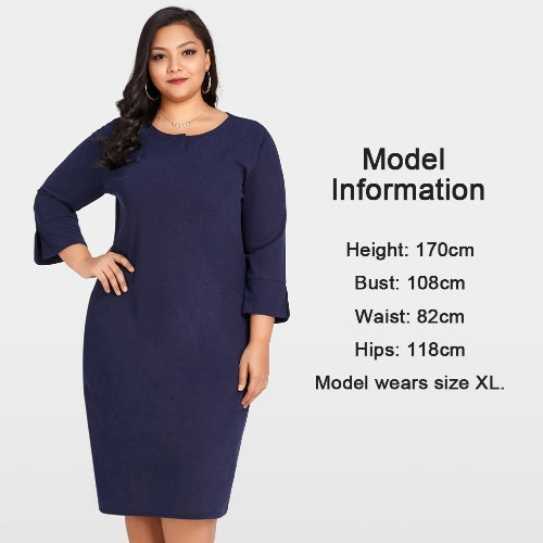 Women Plus Size Dress 3/4 Sleeves Pockets Solid Casual Loose Elegant Party Dress Vestidos Dark Blue