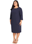 Women Plus Size Dress 3/4 Sleeves Pockets Solid Casual Loose Elegant Party Dress Vestidos Dark Blue