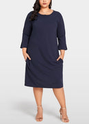 Women Plus Size Dress 3/4 Sleeves Pockets Solid Casual Loose Elegant Party Dress Vestidos Dark Blue