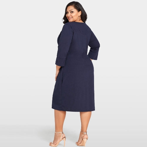 Women Plus Size Dress 3/4 Sleeves Pockets Solid Casual Loose Elegant Party Dress Vestidos Dark Blue