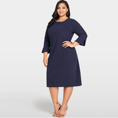 Women Plus Size Dress 3/4 Sleeves Pockets Solid Casual Loose Elegant Party Dress Vestidos Dark Blue