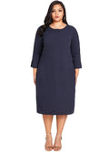 Women Plus Size Dress 3/4 Sleeves Pockets Solid Casual Loose Elegant Party Dress Vestidos Dark Blue