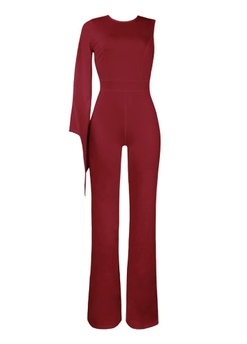 Sexy Women Jumpsuit Single Long Sleeve Solid Wide Leg Pants Slim Playsuit Rompers Red/Black/White