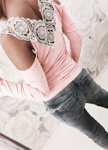 Sexy Women Blouse Lace Splice Cold Shoulder V Neck Long Sleeve Slim Casual T-Shirt Tee Tops Pink