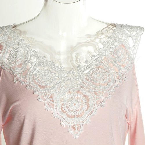 Sexy Women Blouse Lace Splice Cold Shoulder V Neck Long Sleeve Slim Casual T-Shirt Tee Tops Pink