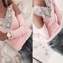 Sexy Women Blouse Lace Splice Cold Shoulder V Neck Long Sleeve Slim Casual T-Shirt Tee Tops Pink