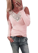 Sexy Women Blouse Lace Splice Cold Shoulder V Neck Long Sleeve Slim Casual T-Shirt Tee Tops Pink