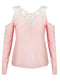 Sexy Women Blouse Lace Splice Cold Shoulder V Neck Long Sleeve Slim Casual T-Shirt Tee Tops Pink