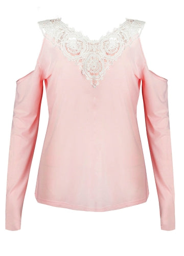 Sexy Women Blouse Lace Splice Cold Shoulder V Neck Long Sleeve Slim Casual T-Shirt Tee Tops Pink