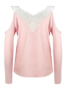 Sexy Women Blouse Lace Splice Cold Shoulder V Neck Long Sleeve Slim Casual T-Shirt Tee Tops Pink