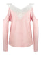 Sexy Women Blouse Lace Splice Cold Shoulder V Neck Long Sleeve Slim Casual T-Shirt Tee Tops Pink