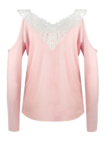 Sexy Women Blouse Lace Splice Cold Shoulder V Neck Long Sleeve Slim Casual T-Shirt Tee Tops Pink