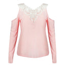 Sexy Women Blouse Lace Splice Cold Shoulder V Neck Long Sleeve Slim Casual T-Shirt Tee Tops Pink