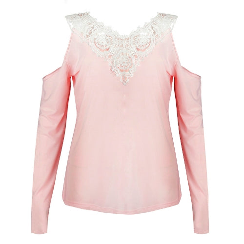 Sexy Women Blouse Lace Splice Cold Shoulder V Neck Long Sleeve Slim Casual T-Shirt Tee Tops Pink