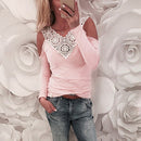 Sexy Women Blouse Lace Splice Cold Shoulder V Neck Long Sleeve Slim Casual T-Shirt Tee Tops Pink