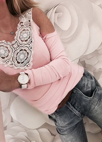 Sexy Women Blouse Lace Splice Cold Shoulder V Neck Long Sleeve Slim Casual T-Shirt Tee Tops Pink