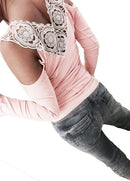 Sexy Women Blouse Lace Splice Cold Shoulder V Neck Long Sleeve Slim Casual T-Shirt Tee Tops Pink