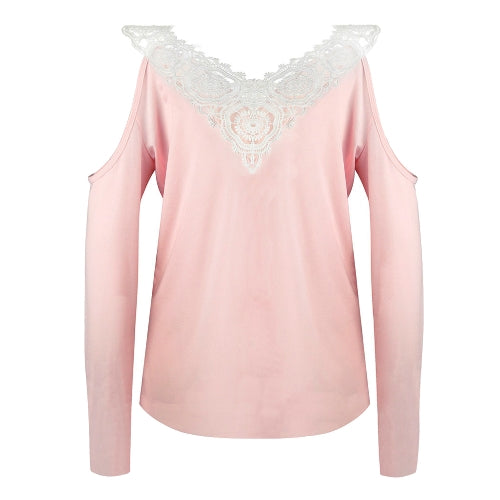 Sexy Women Blouse Lace Splice Cold Shoulder V Neck Long Sleeve Slim Casual T-Shirt Tee Tops Pink