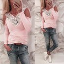 Sexy Women Blouse Lace Splice Cold Shoulder V Neck Long Sleeve Slim Casual T-Shirt Tee Tops Pink