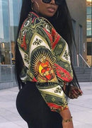 Women Printed Coat Bomber Jacket Long Sleeve Zipper Streetwear Casual Outerwear Green